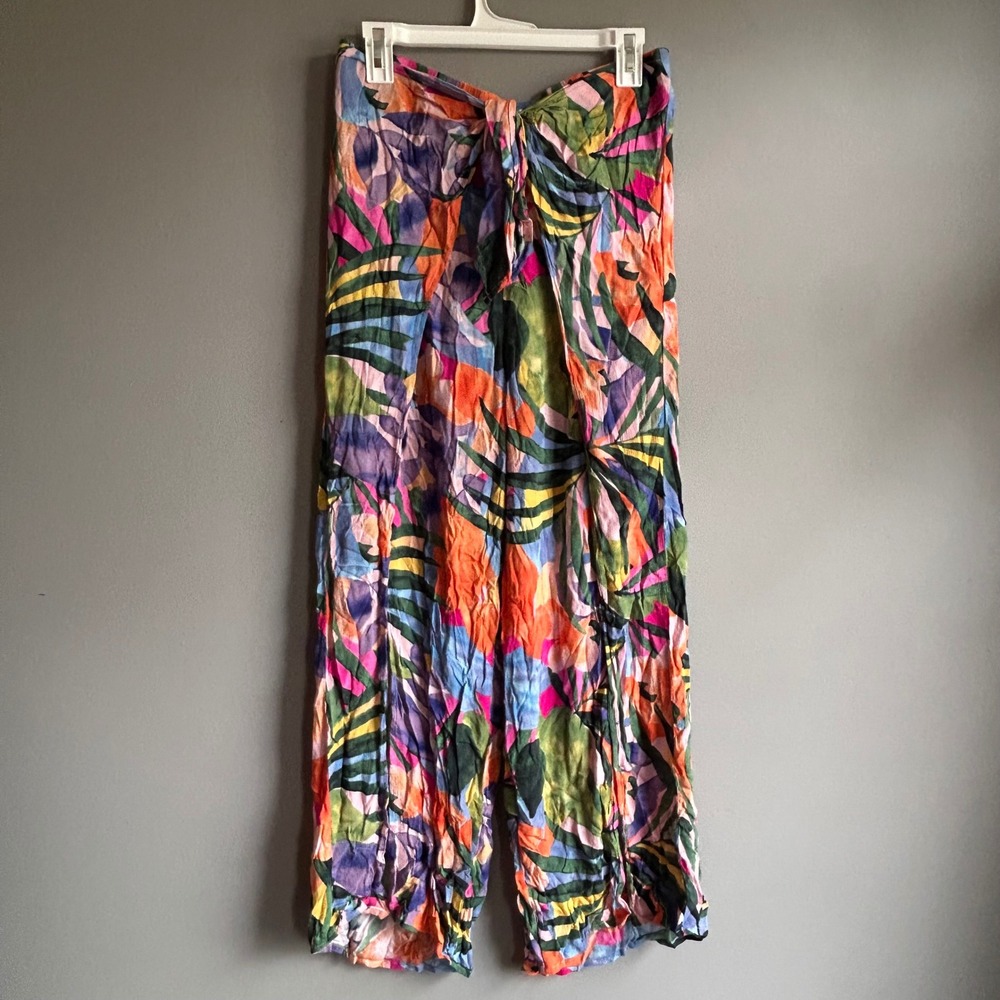 Kona Sol Womens Tropical Palm Print Wide Leg Tie Front Rayon Pants Large Multi